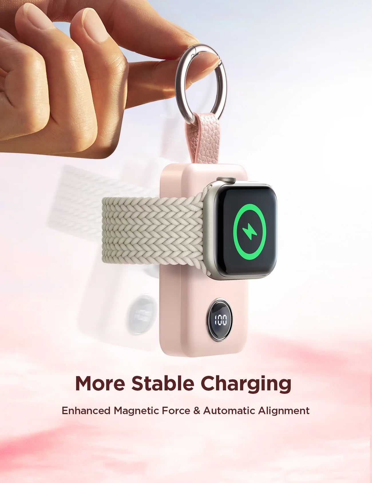 Cargador Portátil Para Apple Watch, Llavero Cargador Rápido Magnético Inalámbrico De 2000 Mah, Compatible Con Iwatch Series 9/8/7/6/5/Se/4/3/2/Ultra 2, Rosa